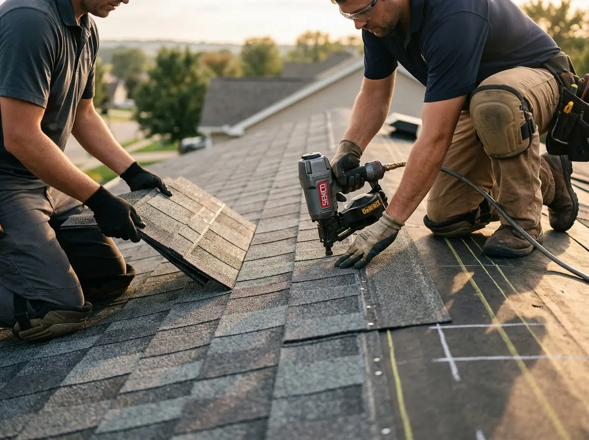 Professional roofer working on a residential roof in Torrance